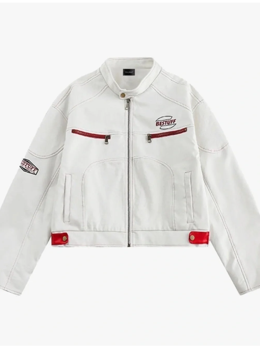 White Moto Biker Women's PU Leather Jacket with Red Accents
